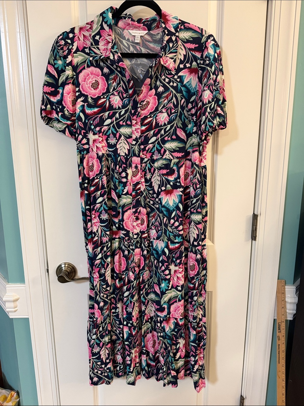 NWT Beautiful Floral Button-Front Navy,  Pink, Teal, Green Maxi Dress